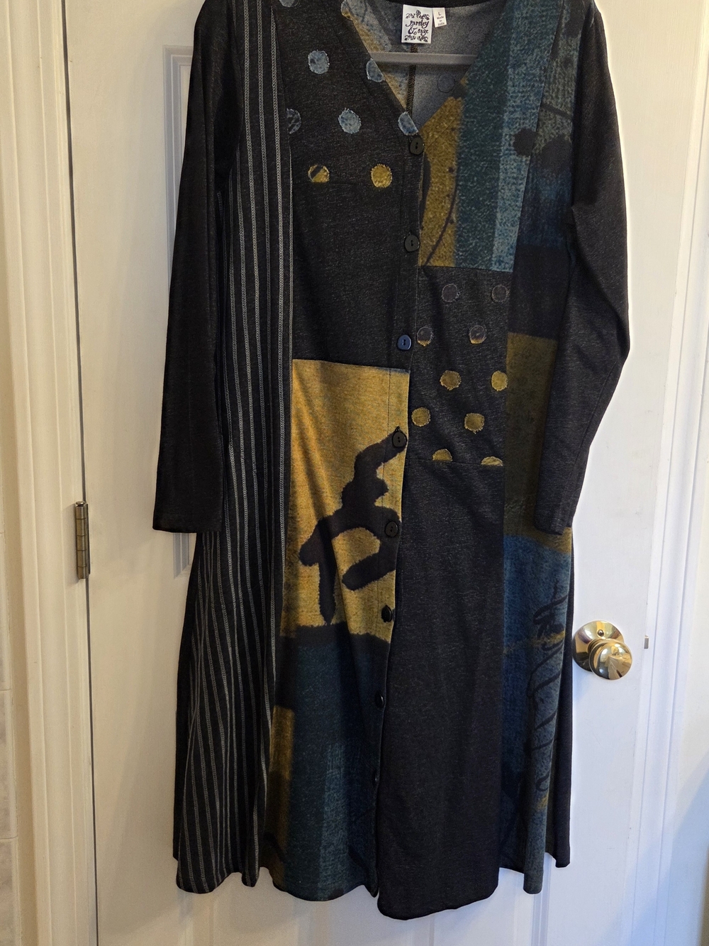 Parsley & Sage Patchwork Trench Coat in Charcoal, Mustard & Teal